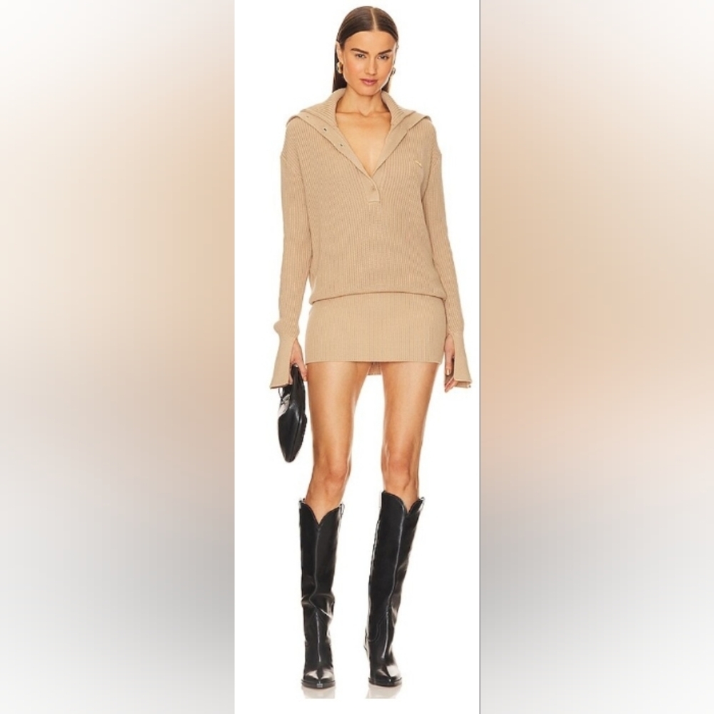 Ser.o.ya Tan Ribbed Cotton Spandex Knit Katana Mini Sweater Dress XL